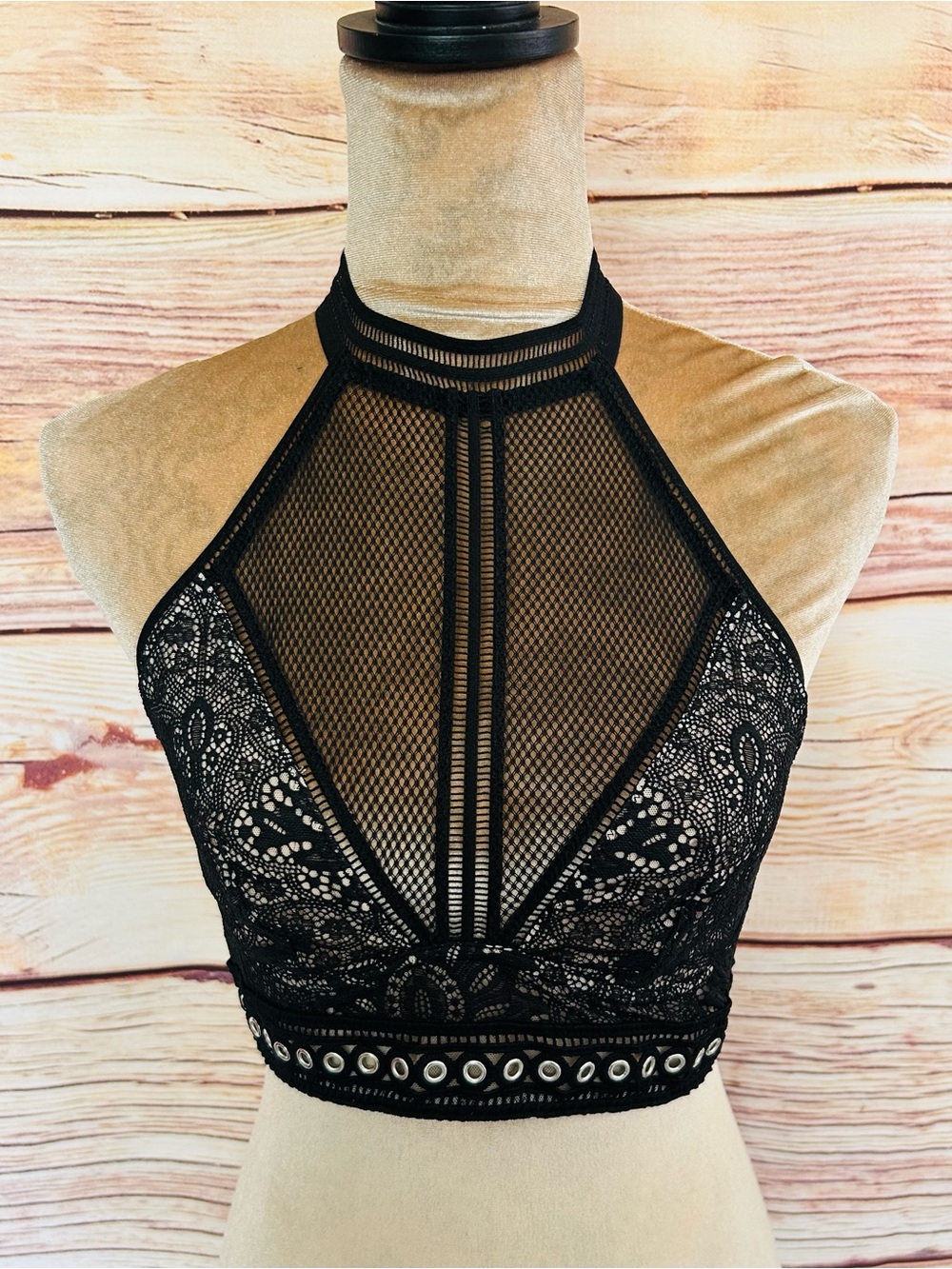 Victoria’s Secret Black Very Sexy Halter Neck Lace Mesh Grommet Detail Bralette